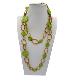 Joan Rivers VTG Green Gold Station Long Necklace Mother of Pearl Chain 23"